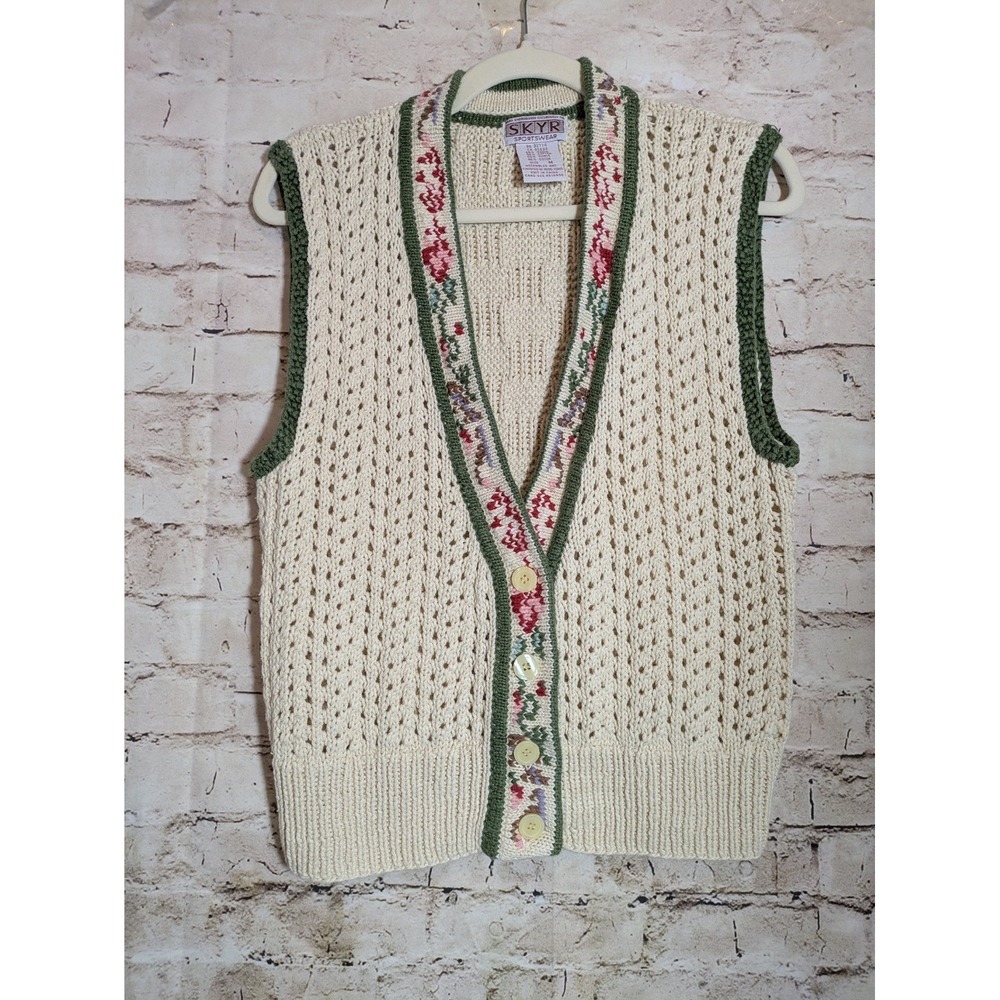 Skyr Vintage Sweater Vest Medium Cream Hand Embroidered Floral Country Cottage
